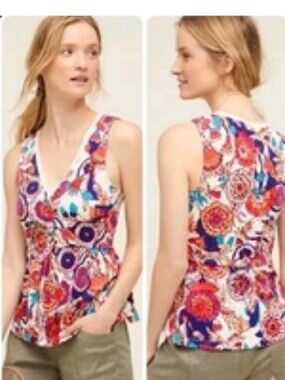 Deletta Anthropologie Amalia Floral Peplum Knit Sleeveless Top M White Blue Red